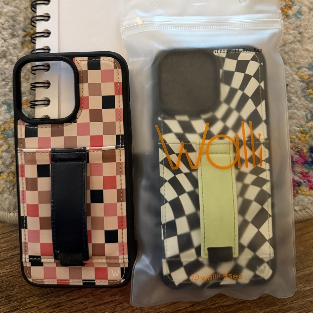 Checkered Pink & Black Card Holder Phone Case with Strap